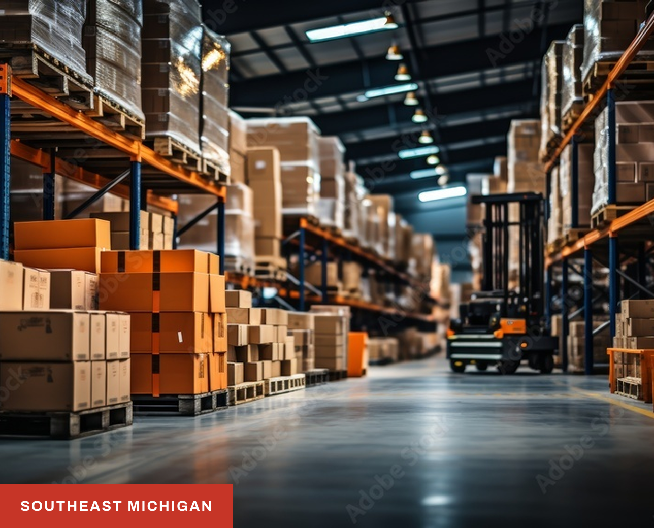 Warehouse aisle with racking, pallets, and a forklift